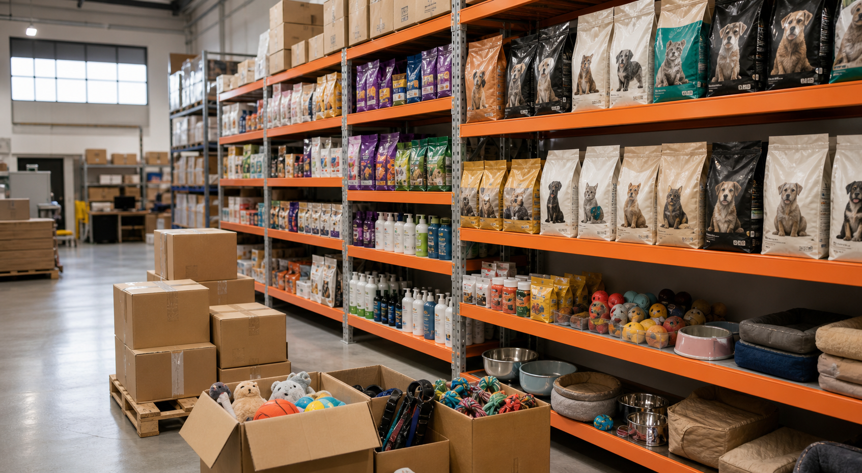 Organized pet product inventory distributed by RK Enterprises